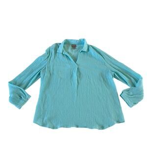 Chicos Blue Gauzy Cotton Collared Blouse Sz 2 / L Casual Preppy Cruise Vacation